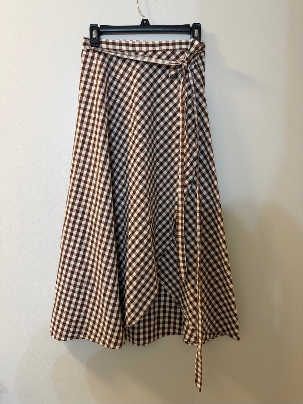 Miguelina Brown & Cream Gingham A-Line Wrap Skirt Small